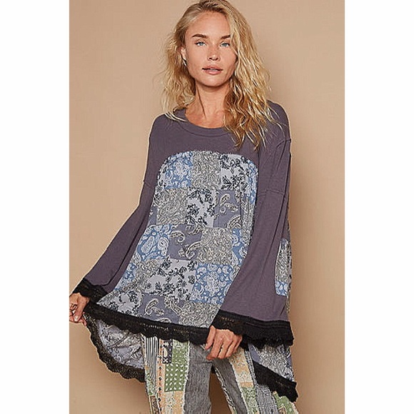 POL Tops - POL Charcoal Print Boho Lace Scallop Hem Long Sleeve Loose Fit Top